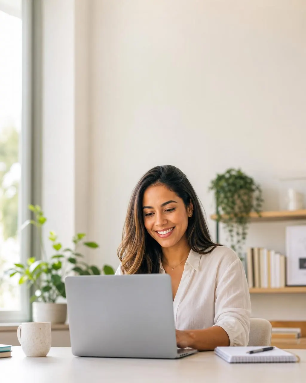 Mulher sorrindo trabalhando no home office com laptop em ambiente leve e acolhedor