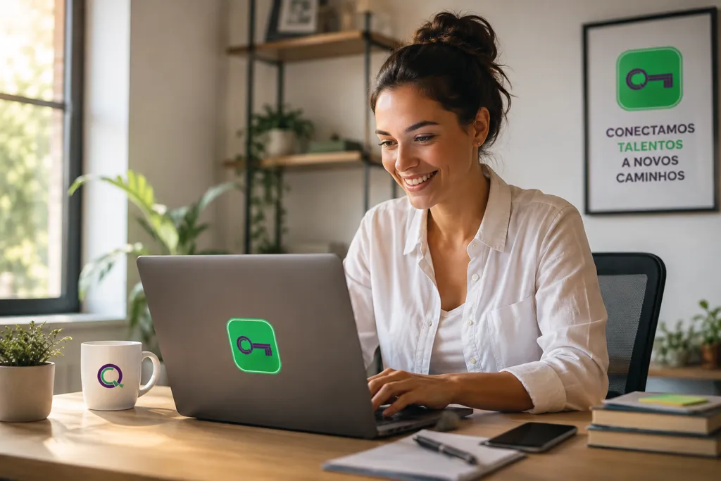 Profissional sorrindo trabalhando em home office com laptop em ambiente leve e acolhedor